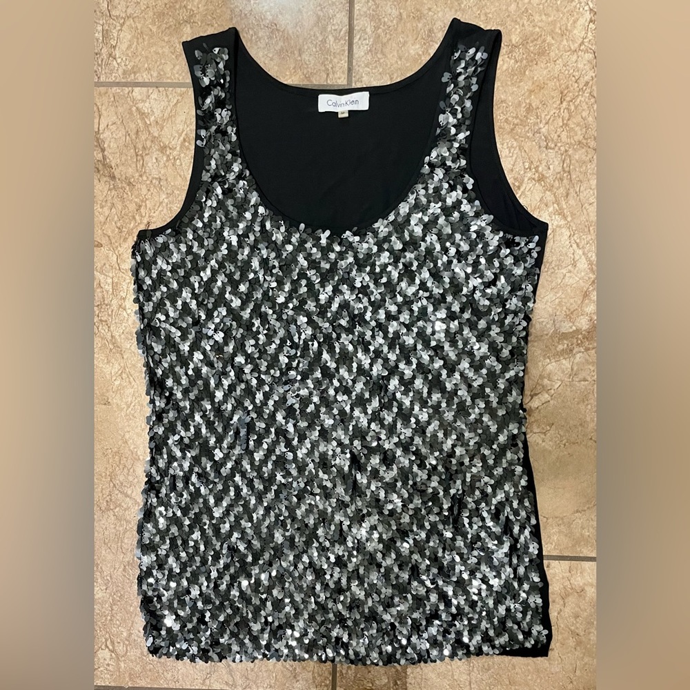 CALVIN KLEIN SPANGLED TANK TOP-BLACK/SILVER TONES-SIZE Medium